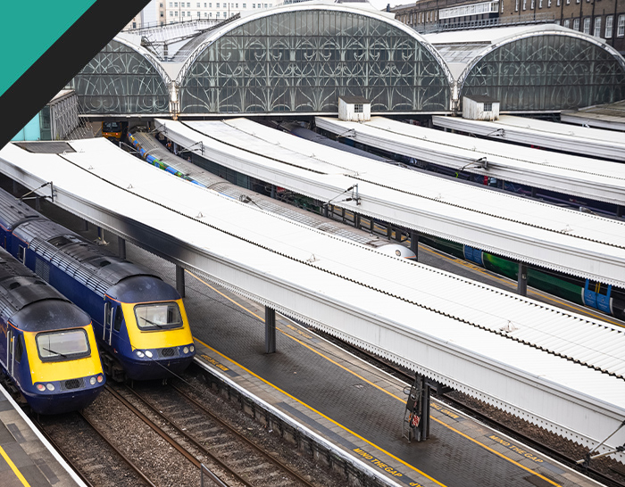 Two trains stationed at a railway platform under a large canopy, with multiple tracks visible in the background. The image showcases a busy train station environment.